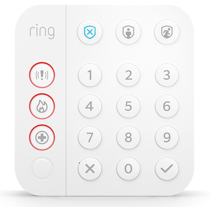 Alarmanlage Keypad. Hier können Sie den vierstelligen Code eingeben und oben entweder links außen den Modus "inaktiv" wählen, oder rechts oben den Modus "aktiv".